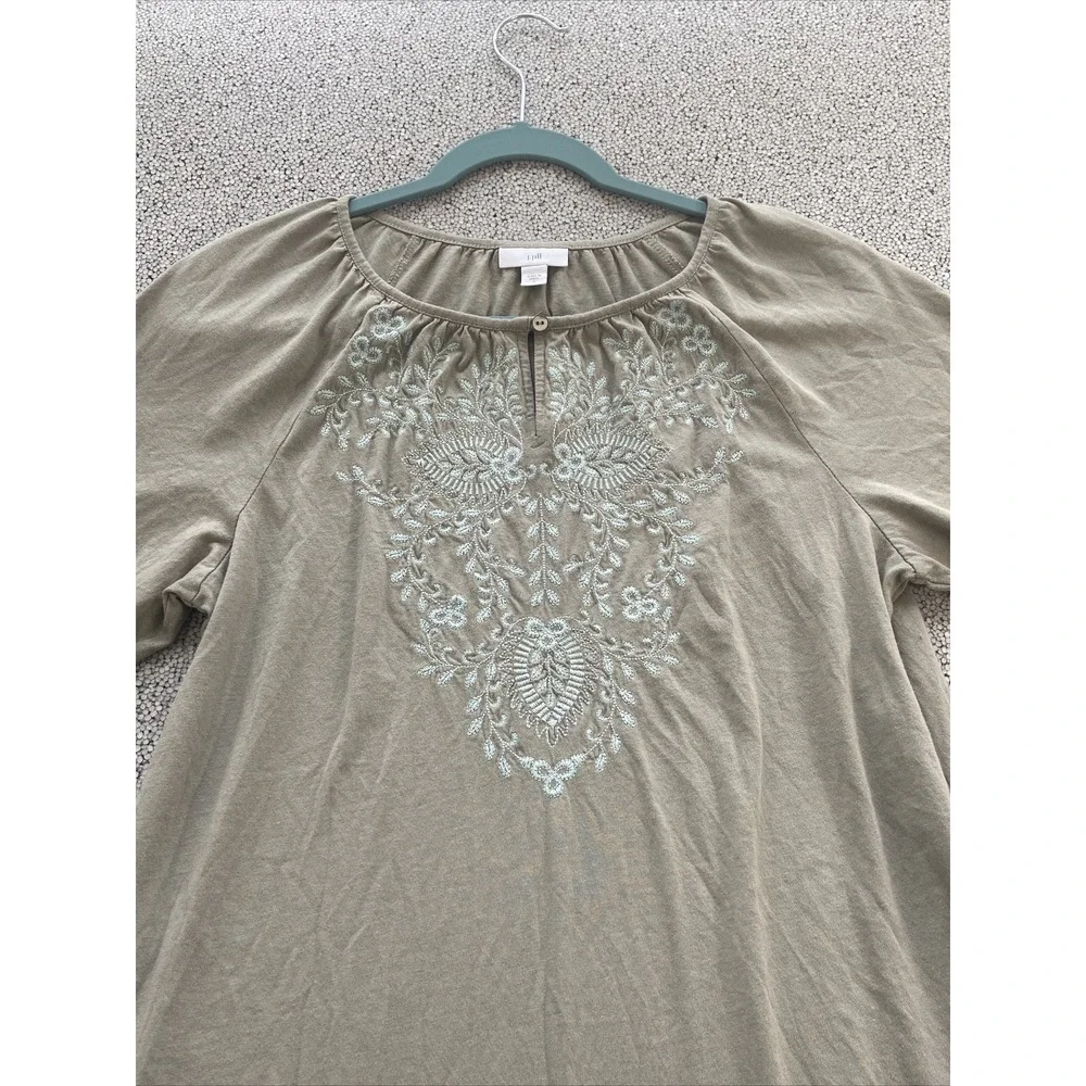 J JILL Shirt Embroidered Shirt Women's Small Floral Boho Peasant Slate Sage Blue